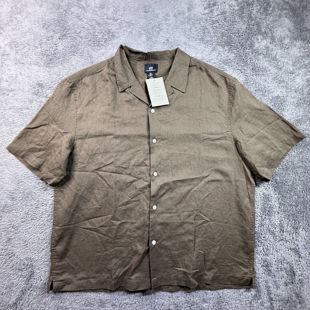 HM Men's L Linen Blend Button Up Short Sleeve Shirt Taupe Relaxed Boxy Fit